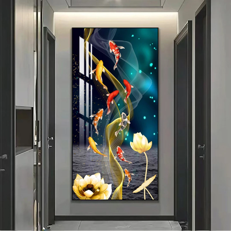 【九鱼荷花3】客厅玄关挂画轻奢简约手工晶瓷现代立体装饰画艺术微