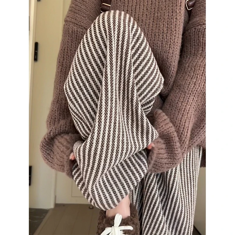 加厚款高质量竖条纹毛呢裤子女秋冬季新款慵懒拖地阔腿裤长裤子