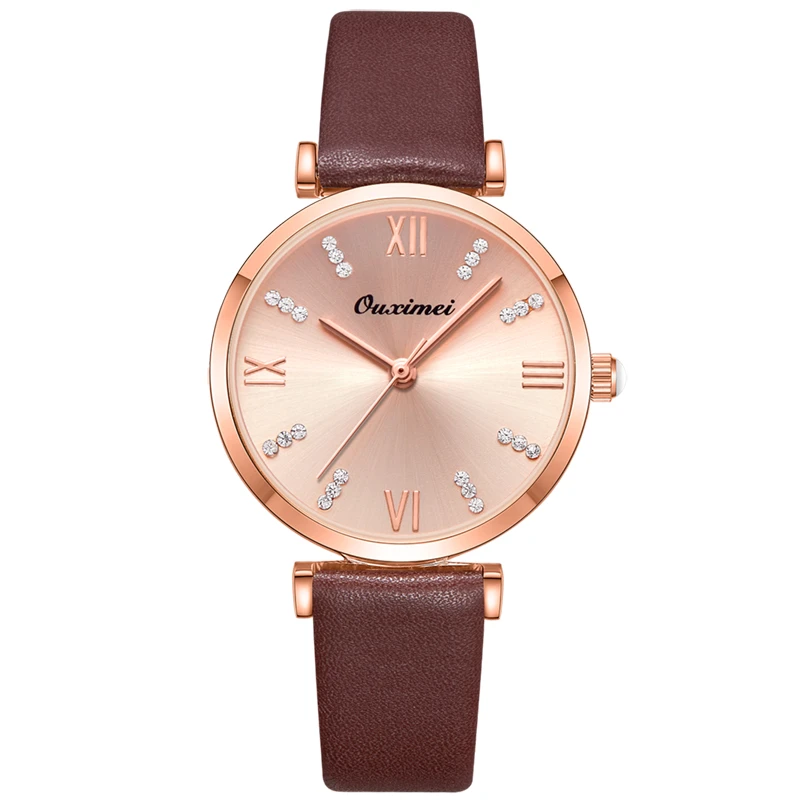 小香风女神石英腕表香槟金棕皮-6619香槟金