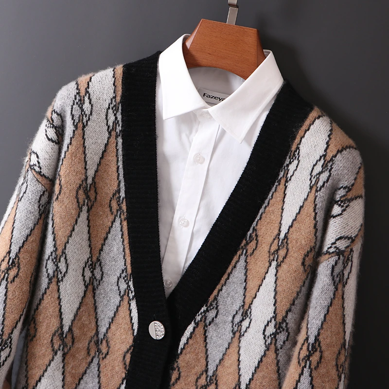 【菱形加厚开衫】羊毛外套男V领拼色长袖厚款针织复古宽松大码开衫