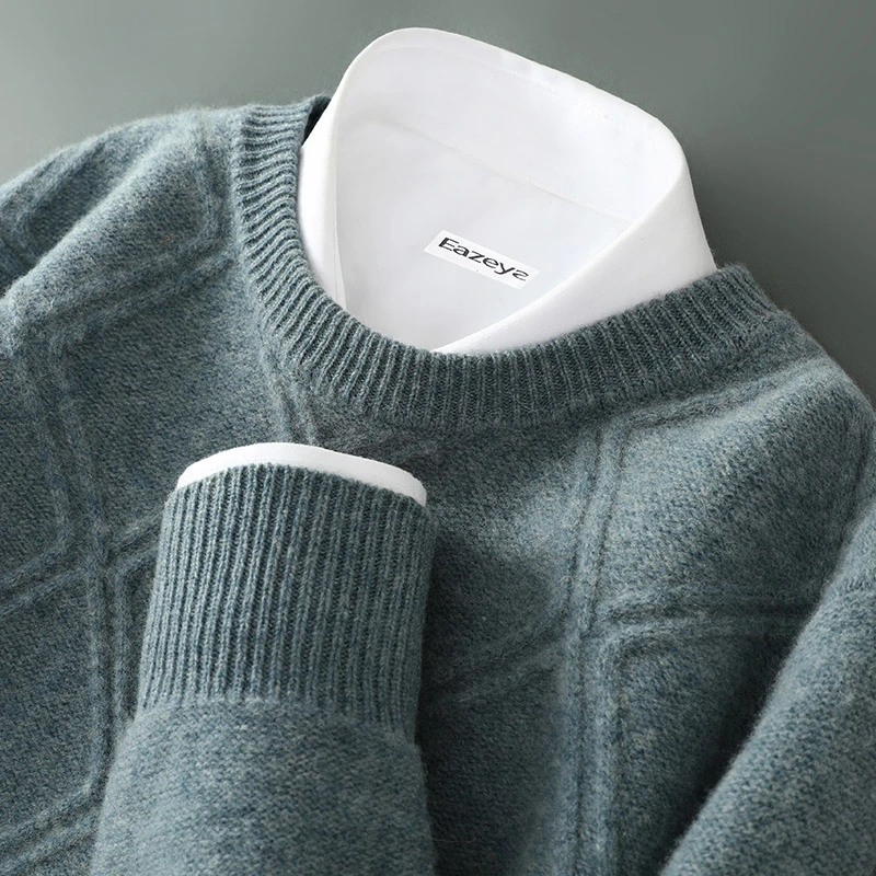 100羊毛衫男士圆领纯色菱形提花套头针织衫毛衣商务羊绒打底上衣