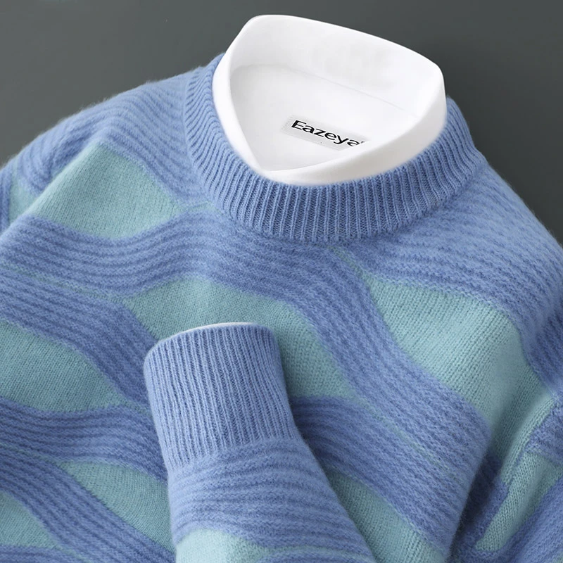 秋冬新款纯羊毛衫男士圆领拼色提花套头针织衫毛衣宽松时尚羊绒衫