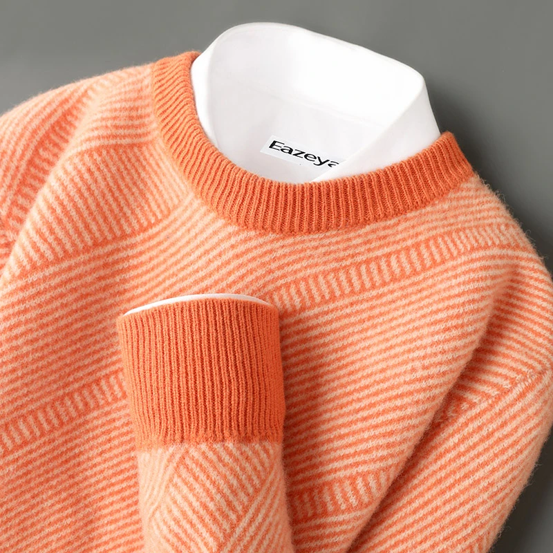 纯羊毛衫男士圆领拼色斜纹提花套头毛衣休闲宽松羊绒针织打底上衣