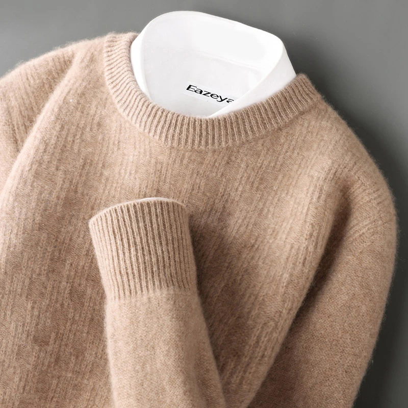 纯羊毛衫男士圆领纯色方块竖条提花套头毛衣宽松休闲针织羊绒打底