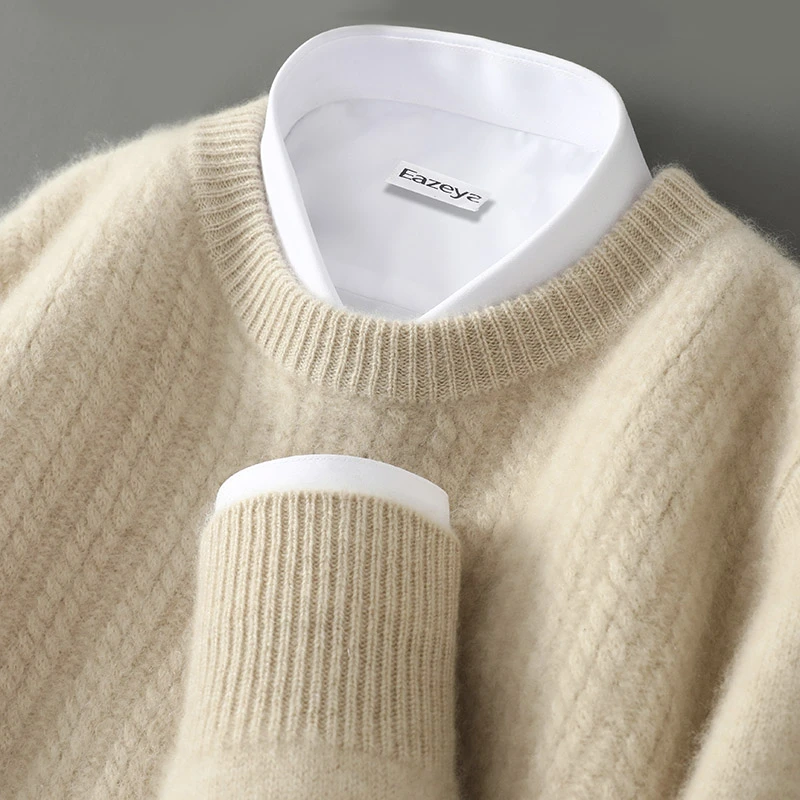 100羊毛衫男士圆领纯色扭花长袖套头针织衫商务宽松内搭羊绒打底