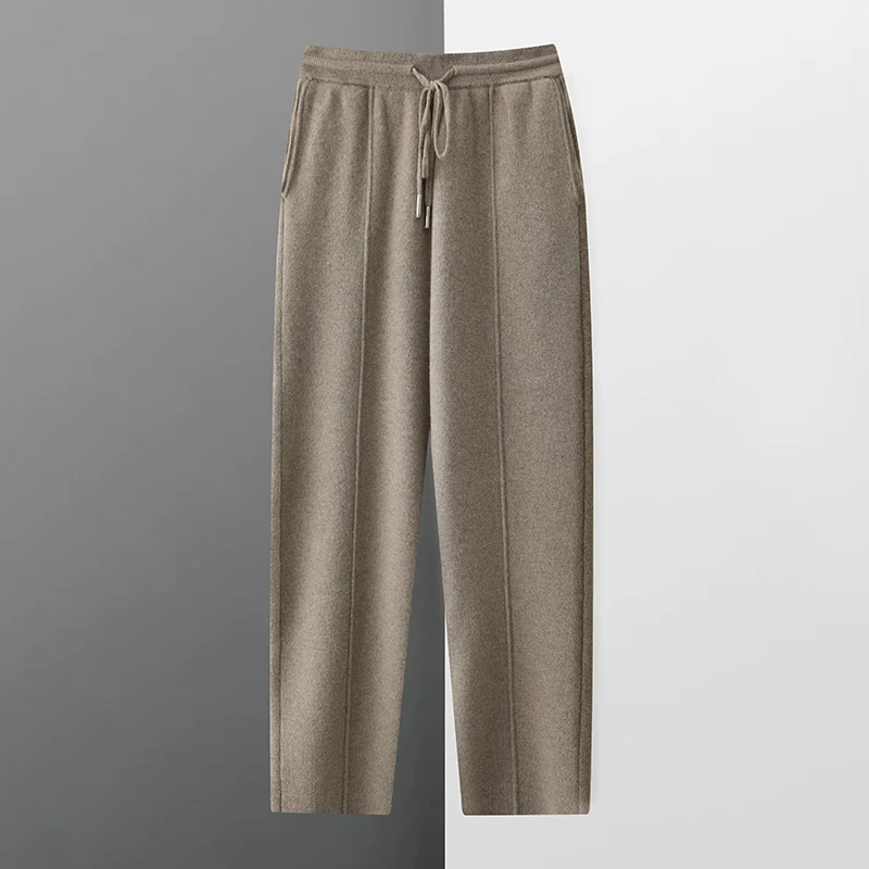 100羊毛小脚裤男士高腰纯色加厚中缝休闲裤宽松时尚保暖羊绒长裤