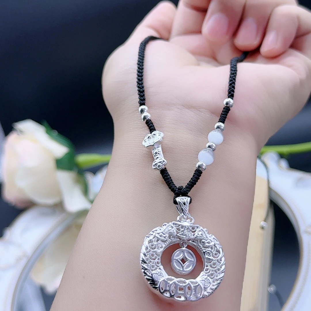 吊坠足银 足银999双龙锁平安扣纯银花丝工艺锁骨链项链挂件坠链