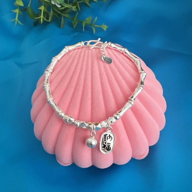 足银手链 足银990爱心亮面幸运简约女款手链百搭时尚