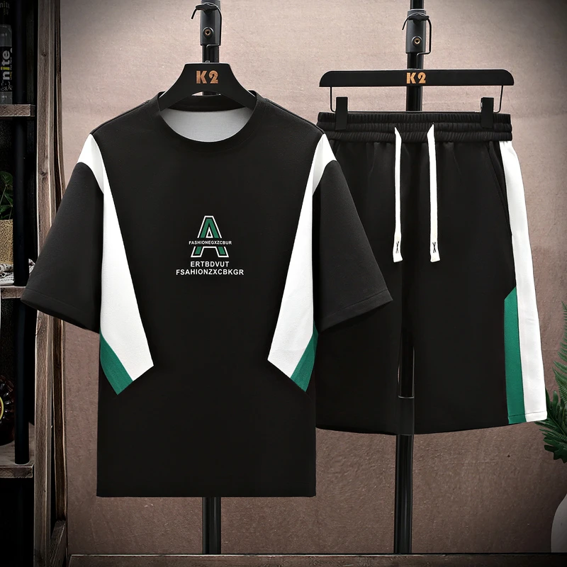 潮森罗2024新款华夫格夏季休闲潮流青少年韩版短袖套装（短袖短裤）