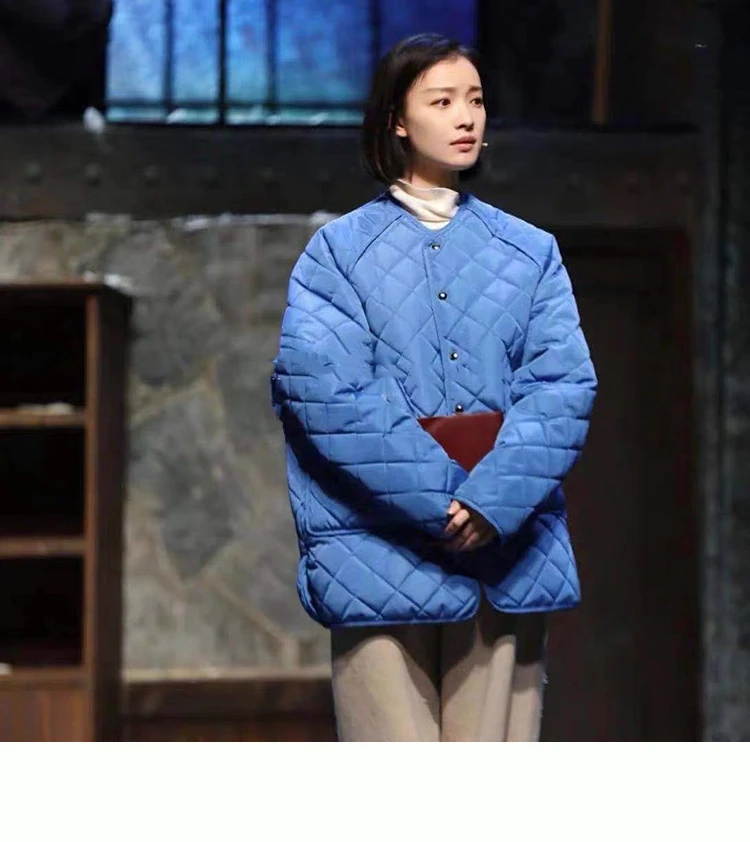 【初冬蓝影】倪妮明星同款蓝色棉服2024韩菱格纹宽松保暖中长款外套