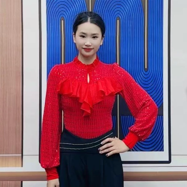 欢舞阁吉特巴摩登舞气质女士镂空交际舞广场舞亮片长袖舞衣A0506