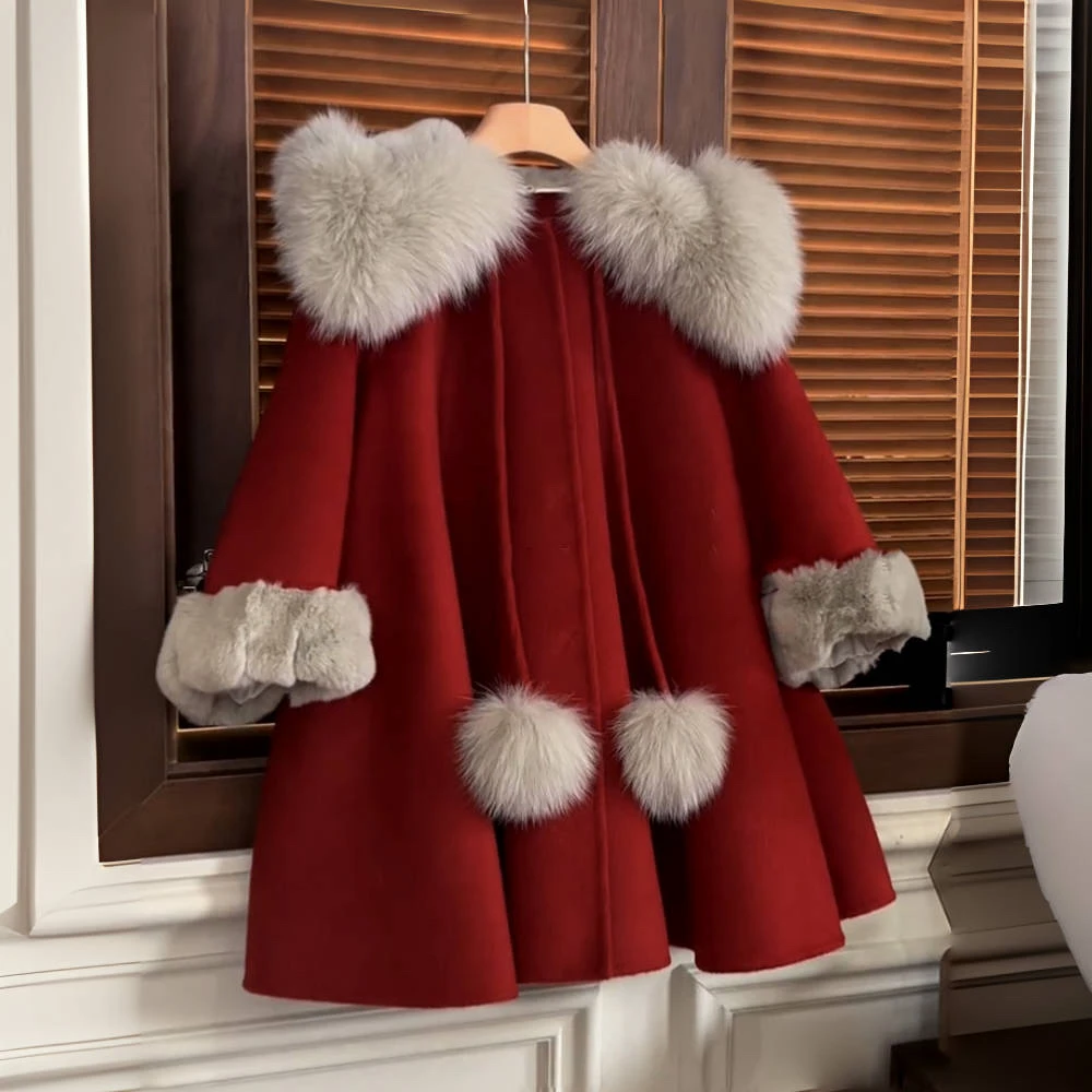 女童呢大衣外套冬装新款洋气小女孩儿童新年装服饰加绒红色拜年服