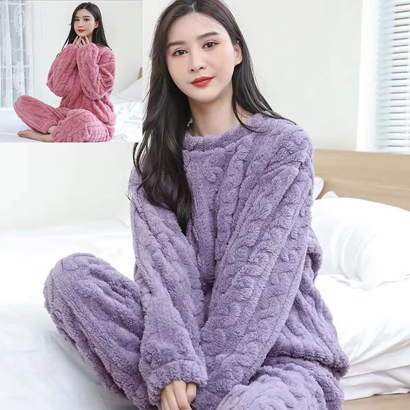 纯色提花保暖珊瑚绒睡衣女秋冬季宽松加绒加厚大码家居服冬季套装