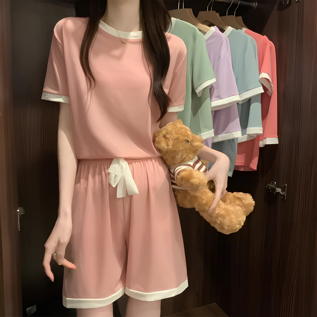 圆领撞色螺纹冰丝睡衣套装女居家服短袖短裤两件套薄款大码睡衣