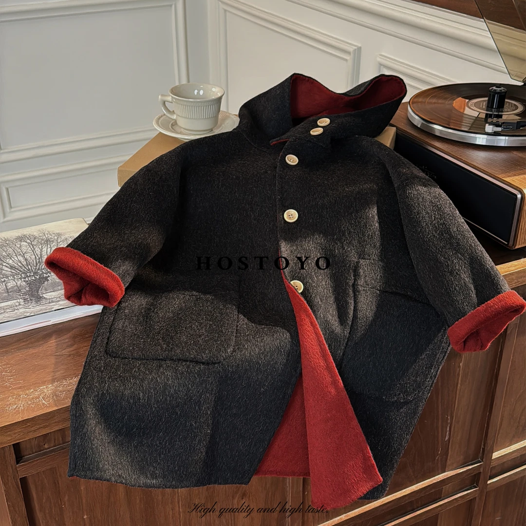 皇室童缘秋冬新款儿童气质洋气纯色连帽双面穿羊毛大衣