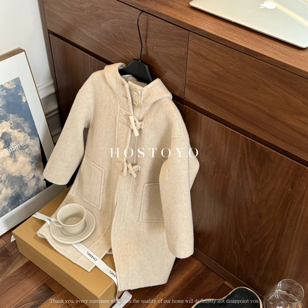 皇室童缘秋冬新款儿童女童气质半身扣纯色连帽羊毛大衣