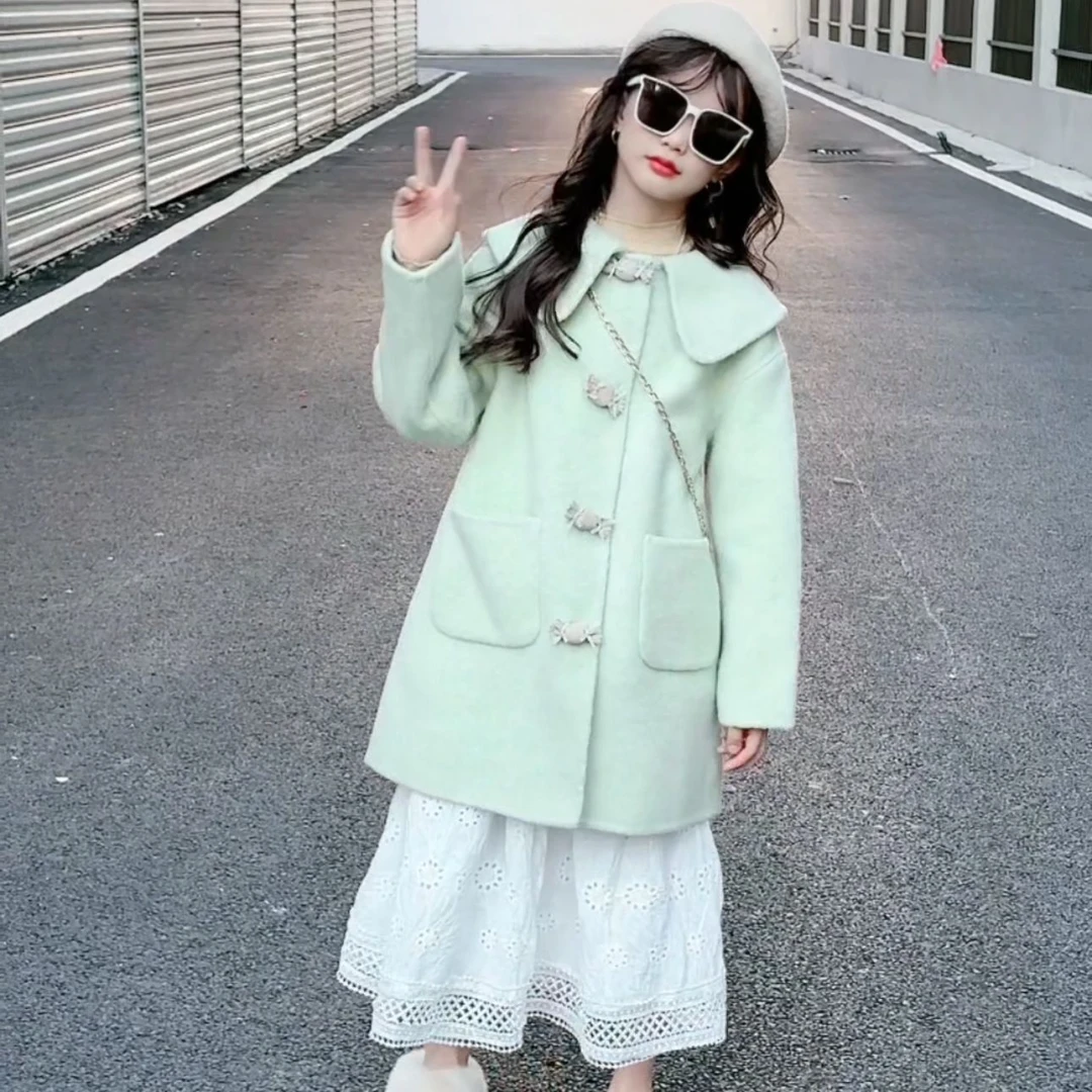 【皇室童缘】公主2024新款女童双面绵羊毛大衣中长款儿童绿色外套