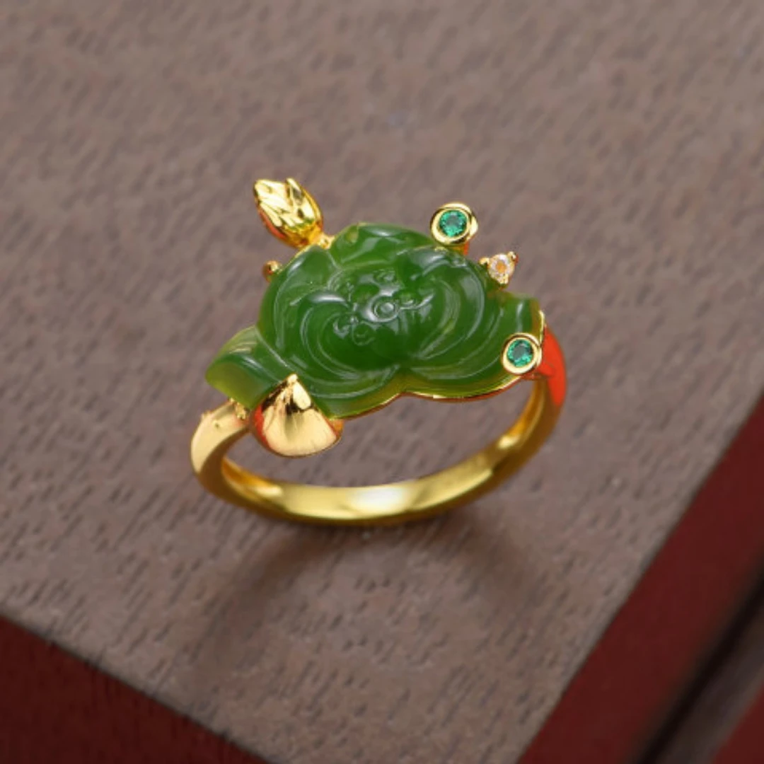 不染｜新中式天然和田碧玉雕刻莲花S925银镶戒指可调节圈口
