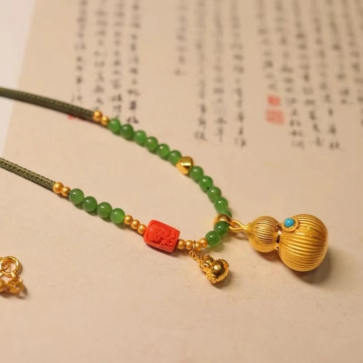 福禄｜999足金古法金葫芦搭配天然和田碧玉圆珠项链手工吊坠设计