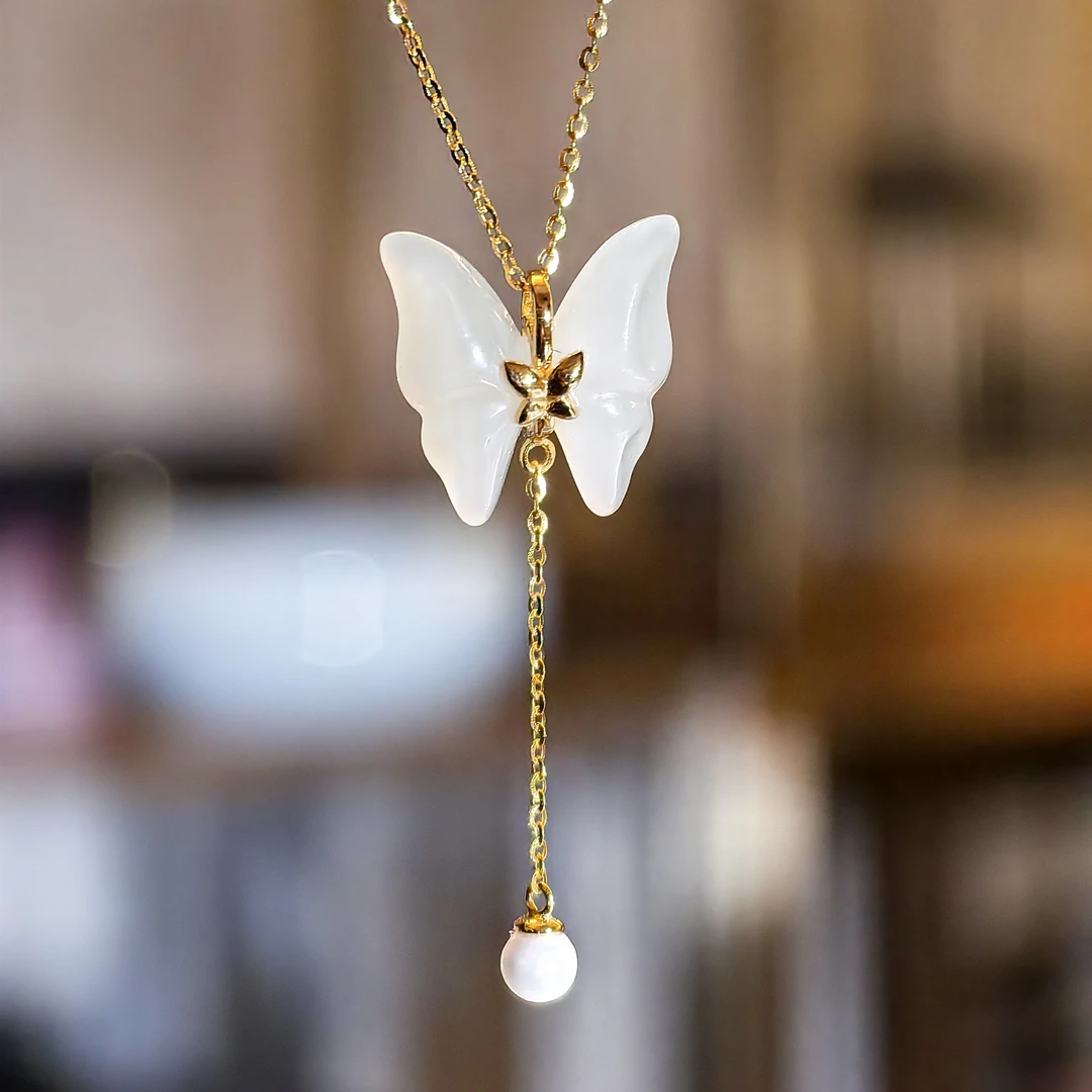 蝶韵｜S925银镶天然和田白玉蝴蝶吊坠项链原创设计气质时尚