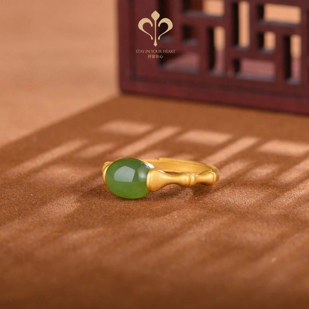 竹枝词｜升级款S925银镶天然和田玉蛋面戒指竹节复古磨砂国风古法
