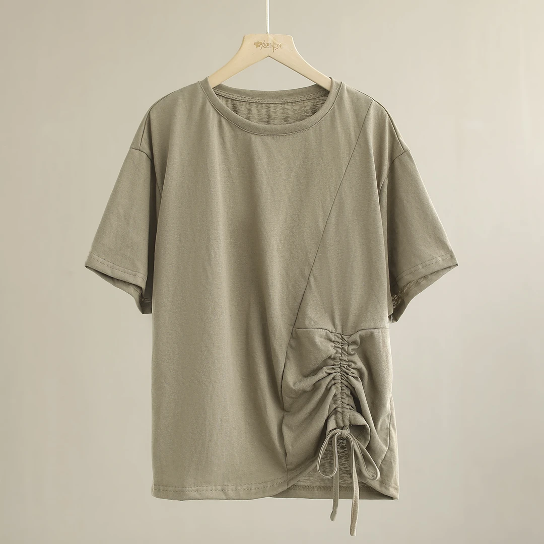 【纭季原创】衣长63 宽松设计感抽褶2024简约短袖D24673