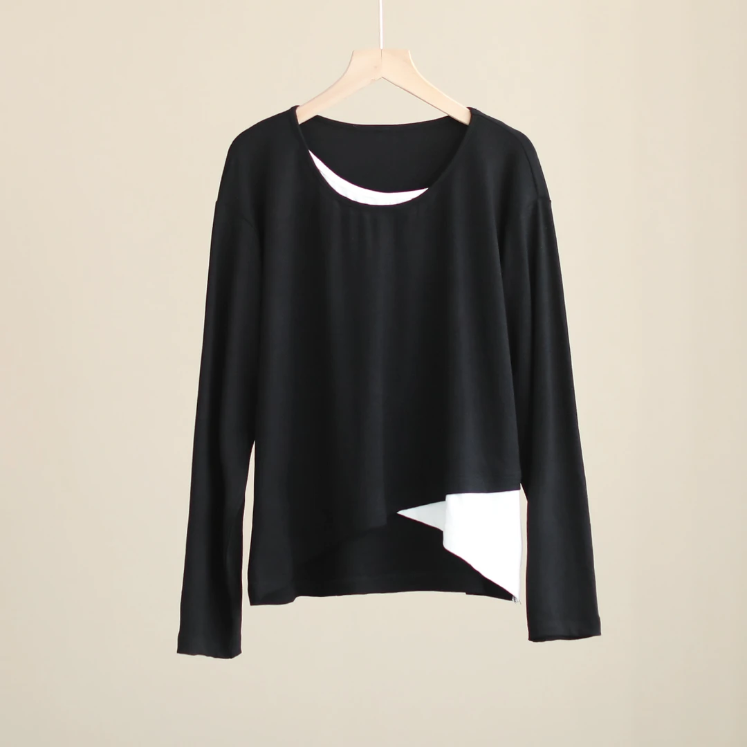 【纭季原创】衣长50-56 新款打底低领撞色休闲百搭长袖T恤D241020