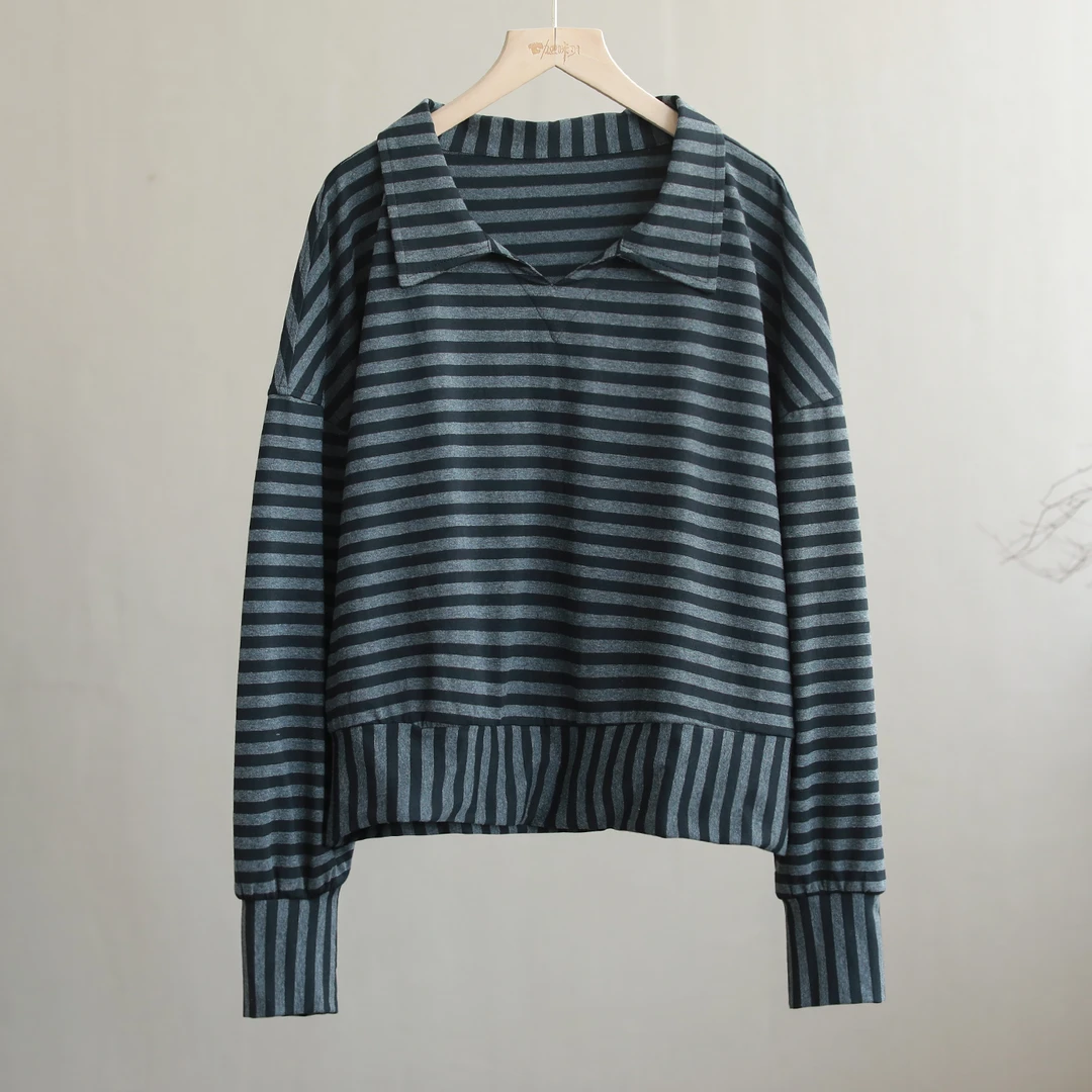 【纭季原创】衣长56 复古休闲经典条纹款翻领时尚卫衣女D241187