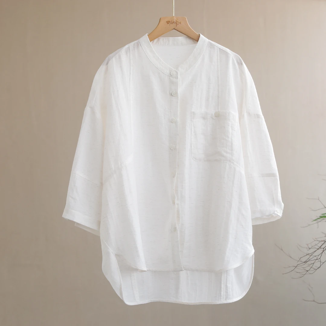 【纭季原创】衣长64-72 时尚休闲夏款女纯色圆领衬衫D24633