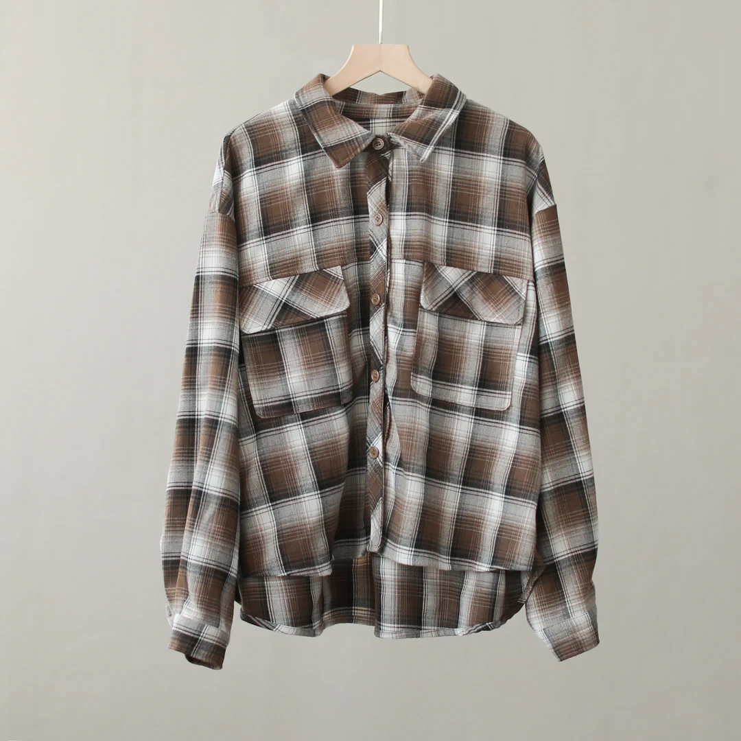 【纭裳原创】衣长61-71 秋款宽松经典复古格子款长袖衬衫D241173