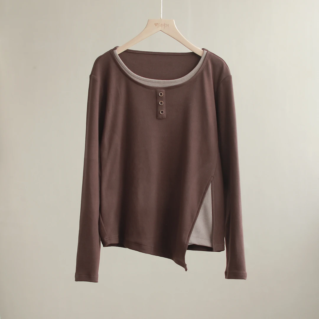 【纭季原创】衣长55-62 显瘦时尚百搭拼色复古长袖T恤女D241190