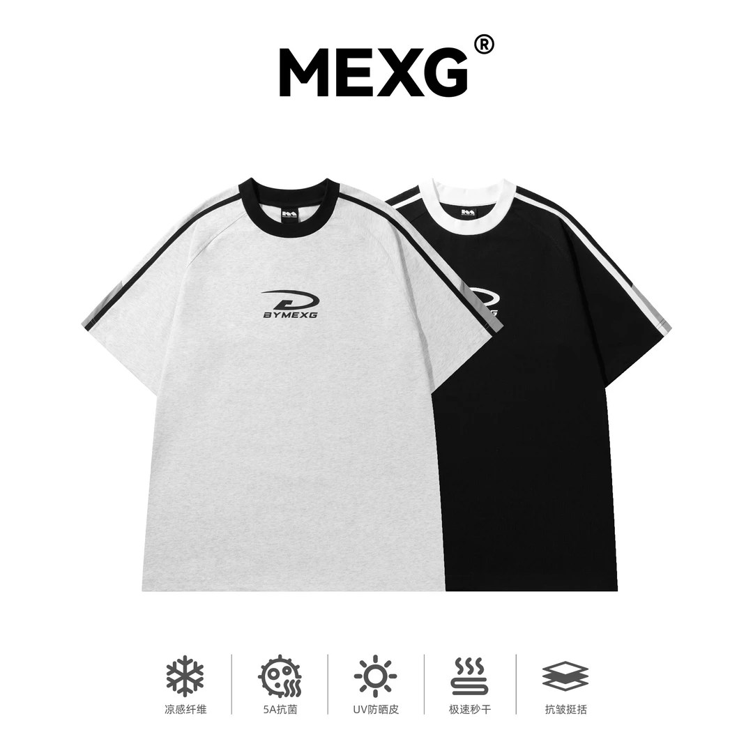 MEXG【复古拼接T恤】撞色织带设计！科技面料！基础情侣圆领短袖T234