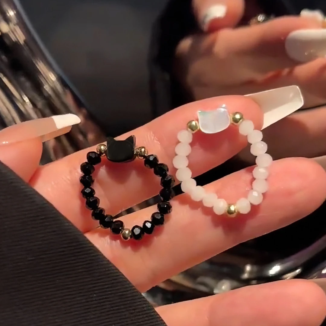 可爱猫咪串珠戒指女黑白猫头食指戒ins小众送闺蜜款指环百搭饰品