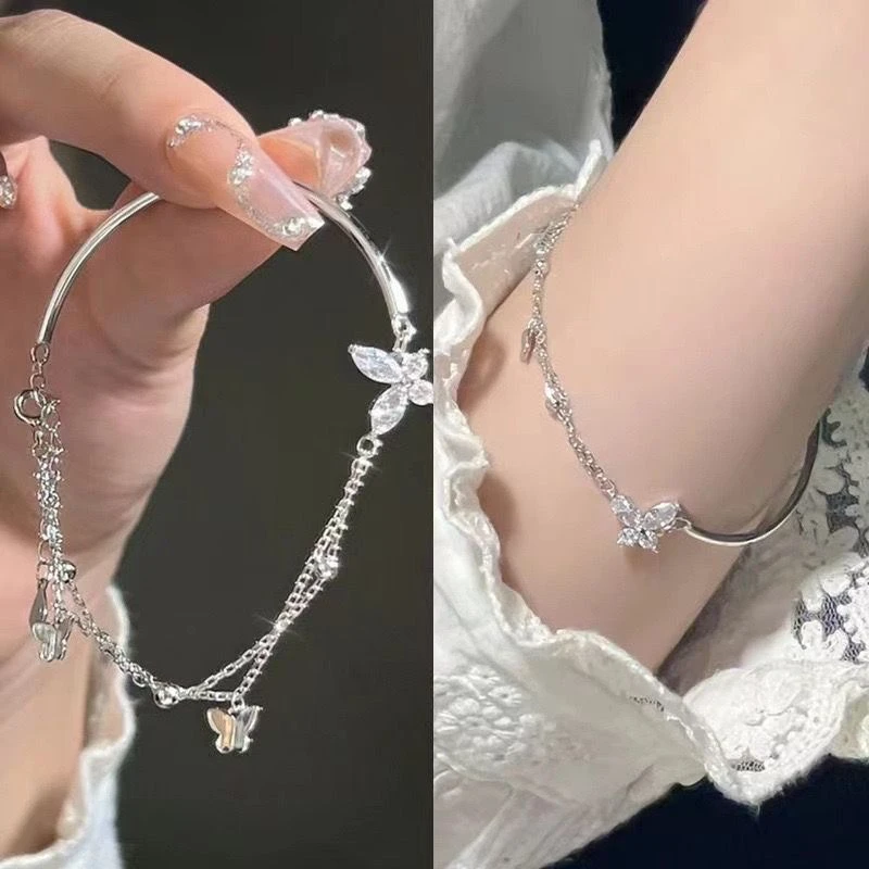 合金手链 半镯蝴蝶闪钻双层链条小众设计小情人节七夕礼物