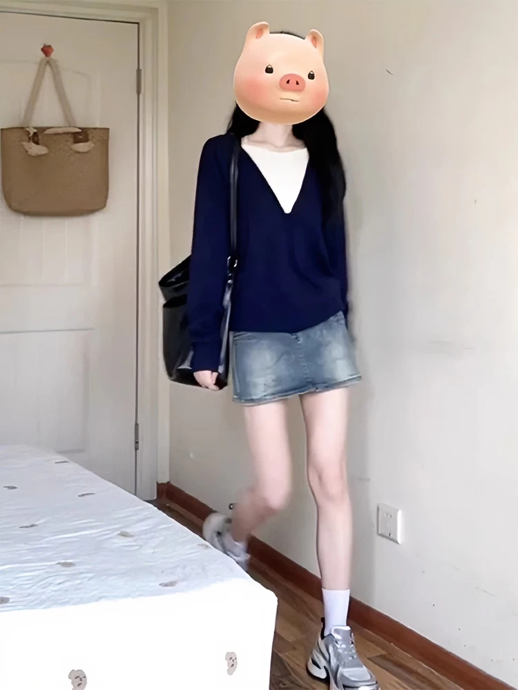 高级感藏蓝色假两件毛衣针织衫女2025新款早秋慵懒风长袖法式上衣