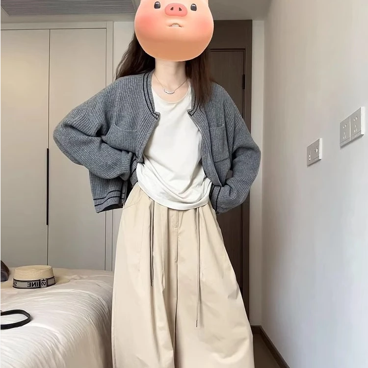韩系慵懒风灰色针织开衫女2024秋冬季宽松短款双拉链毛衣外套上衣
