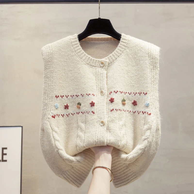 手工花开衫圆领针织马甲背心女2024秋冬新款宽松马夹外穿毛衣坎肩