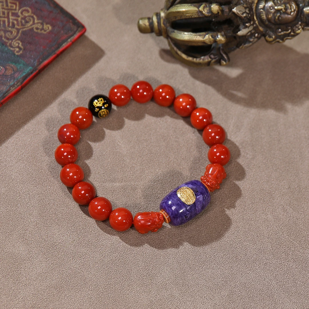 加倍金福令貔貅南红18K金镶嵌国风百搭气质手链S30412-9