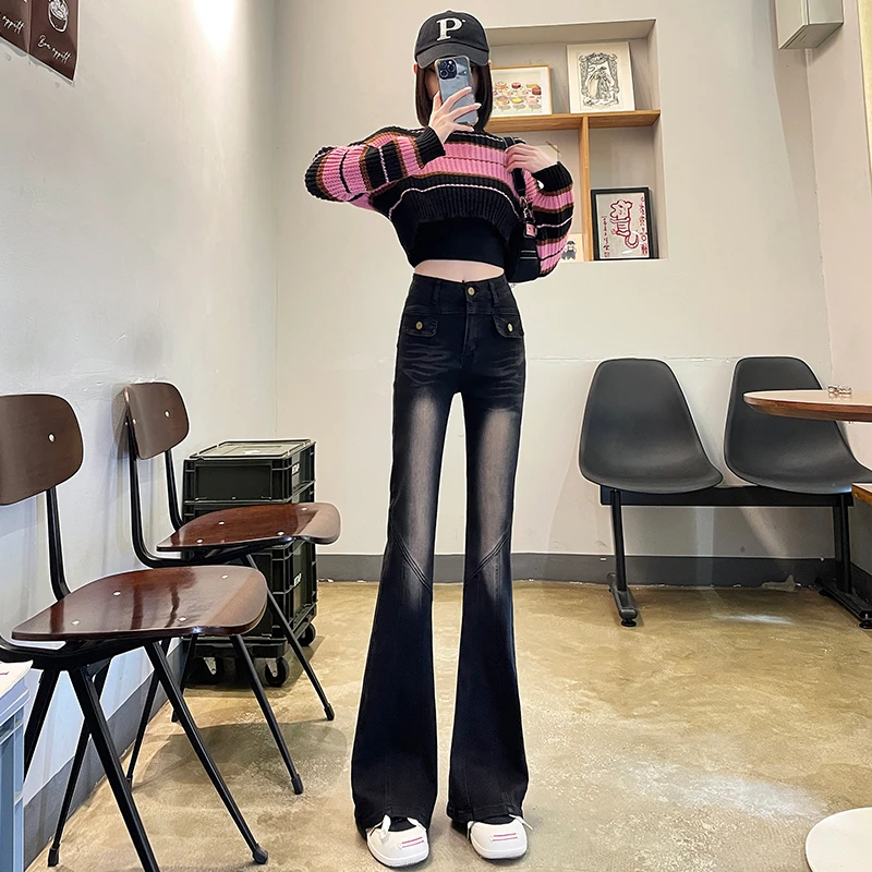 高腰微喇叭牛仔裤女2025年春装女新款修身显瘦小个子马蹄裤喇叭裤