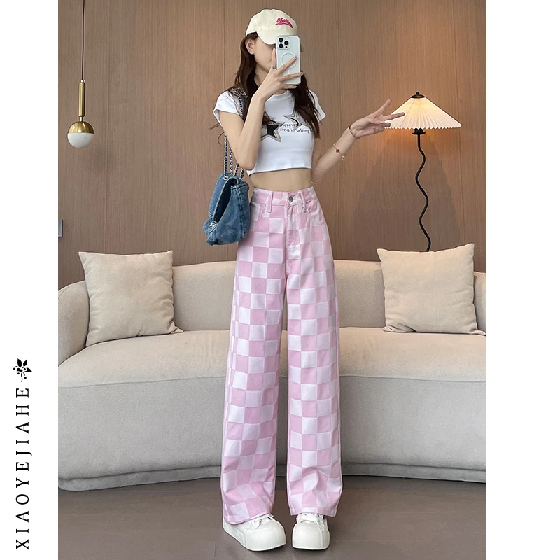 格子粉色牛仔裤女2025年春装女新款爆款高腰宽松窄版阔腿直筒裤女