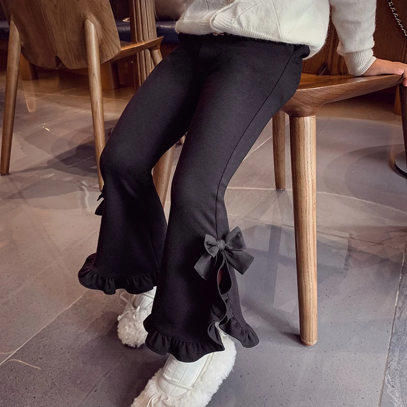 【现货】米米哈罗女童秋款纯色蝴蝶结花边袖休闲裤长裤 Q24599