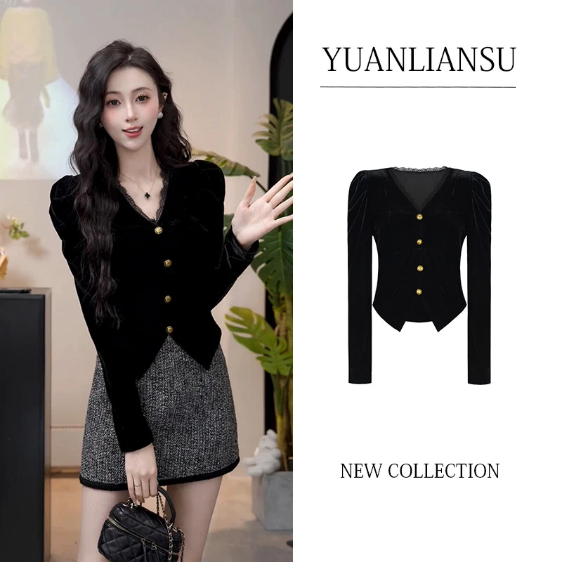 法式小香风黑色丝绒衬衫女秋冬新款高级感显瘦气质短款蕾丝上衣女