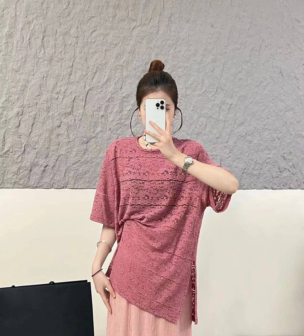 夏季新款时尚蕾丝款甜美休闲小众设计双侧开叉显瘦百搭短袖 TY139