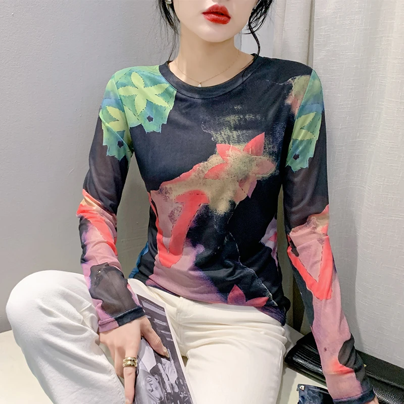 欧洲站2025春装新款洋气扎染印花长袖t恤修身网纱弹力上衣打底衫