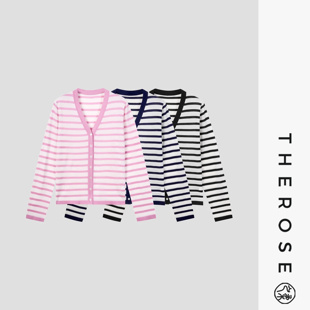 之柔【直白】宽松条纹间色V领羊毛开衫 时尚百搭舒适女士上衣外套