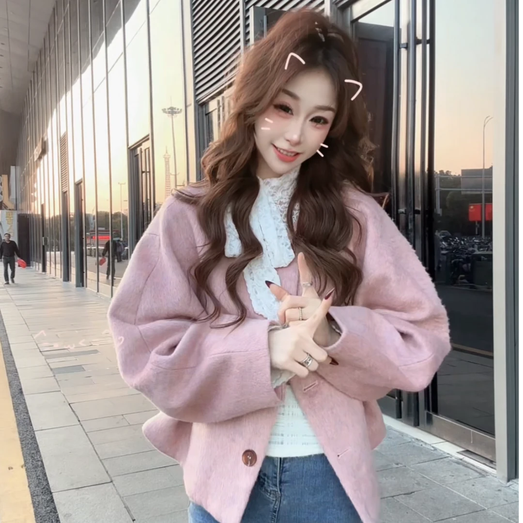 2024女神节新款韩系无领简约温柔气质小个子毛呢外套
