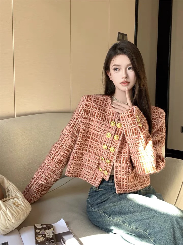 法式高级感小香风双排扣短外套女秋季气质名媛短款编织粗花呢上衣