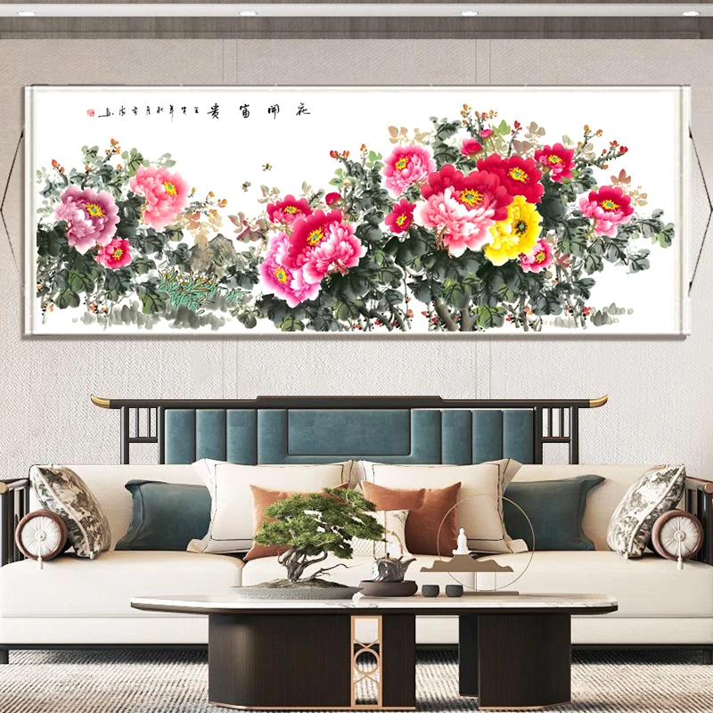 260*80富贵满堂牡丹花客厅餐厅卧室茶室餐厅高档装裱卷轴挂画