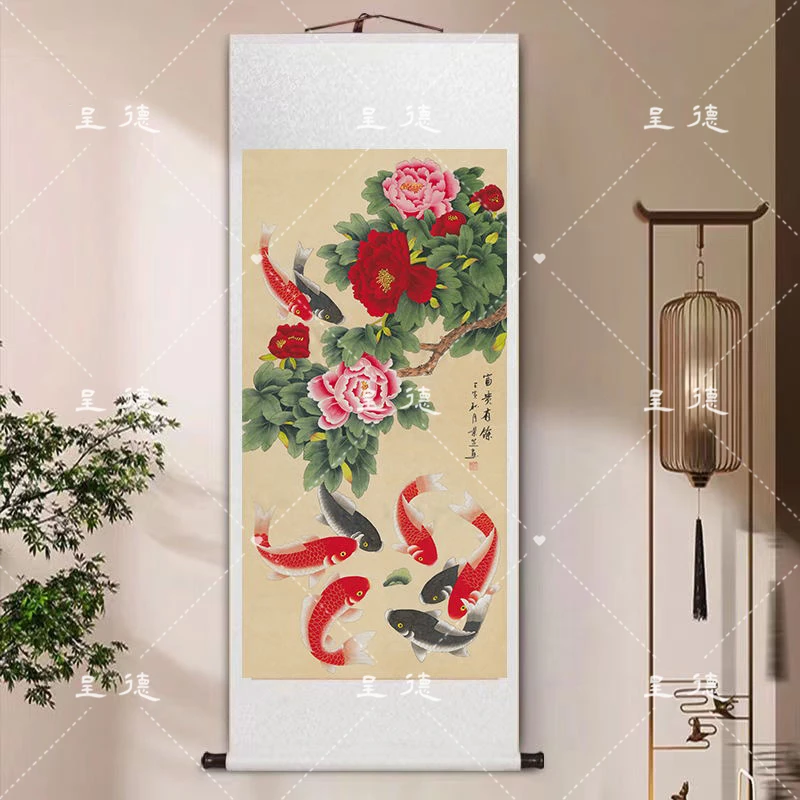 180*75富贵有鱼九鱼图牡丹鱼花鸟玄关客厅餐厅卧室装裱高档挂画