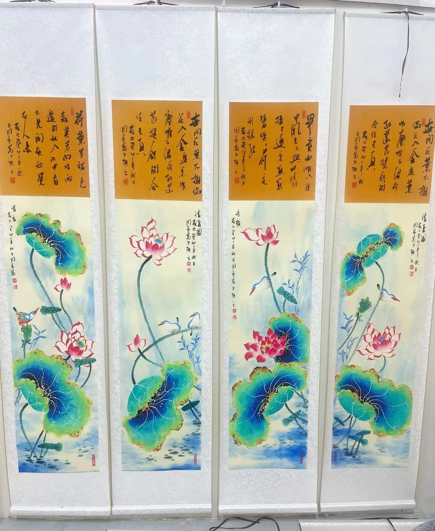 180*160工艺荷花四联屏荷花书房茶室办公室高档装裱卷轴挂画